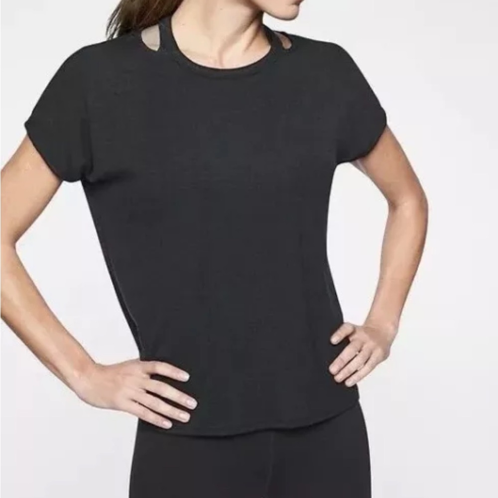 Athleta Glimpse Open Neck Ribbed Knit Black T Shirt Size Small